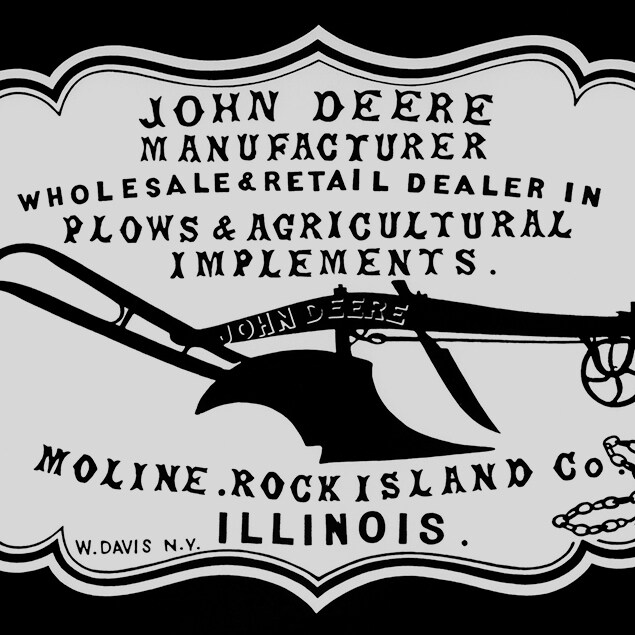Историческа реклама на търговец от 1855 г. "John Deere - производител, търговец на едро и дребно за оран и земеделски приложения. Молайн, Рок Айлънд Ко., Илинойс"