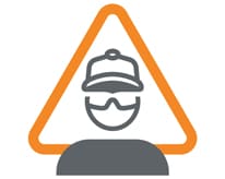 Оранжев триъгълник с човек, носещ каска и предпазни очила
