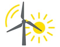 Изображение на вятърна турбина с жълт вятър и икони за слънце