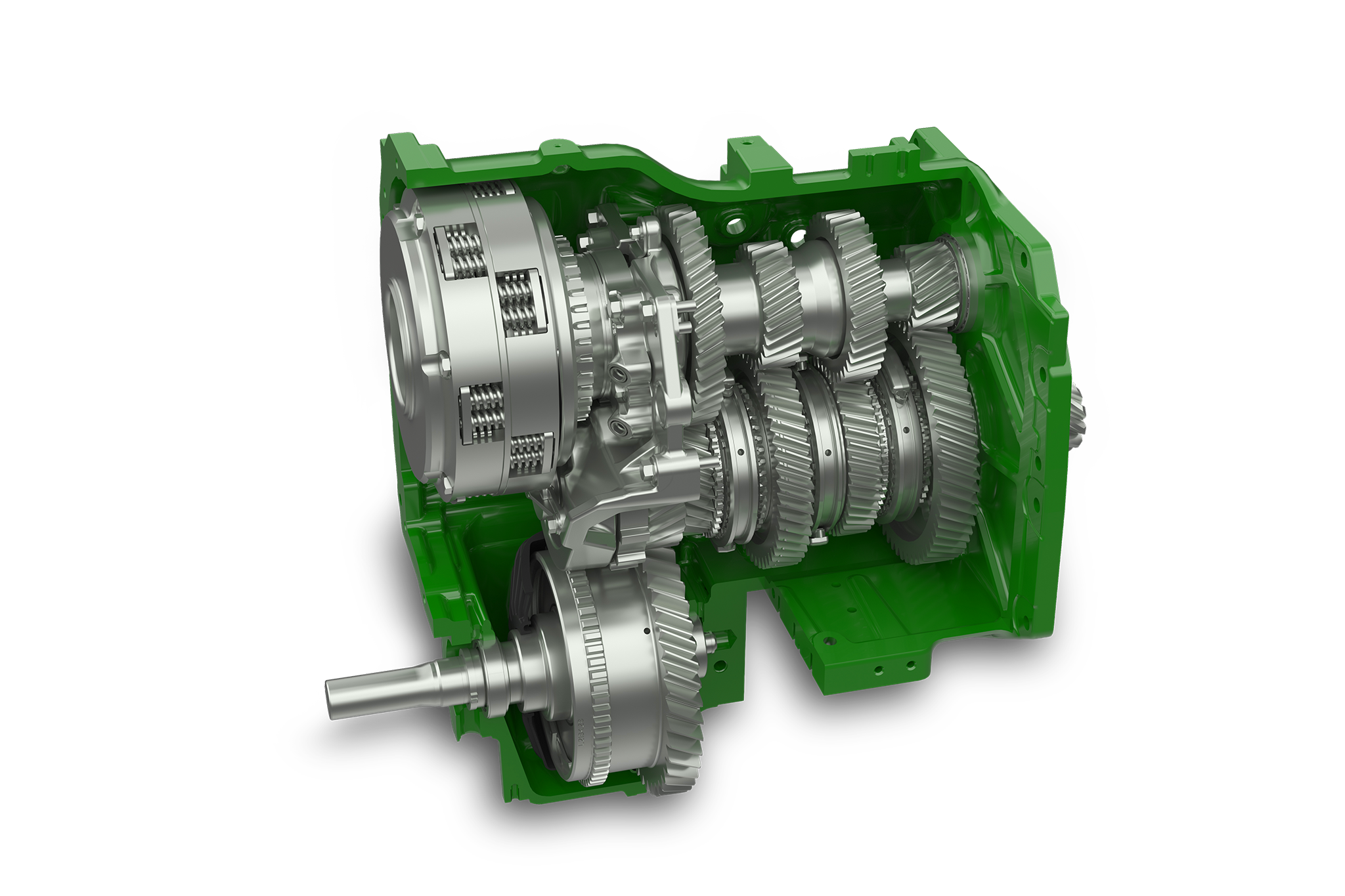 Илюстрация на разрез на трансмисията John Deere от серия 6M, показваща вътрешни предавки и компоненти на силовия тракт.