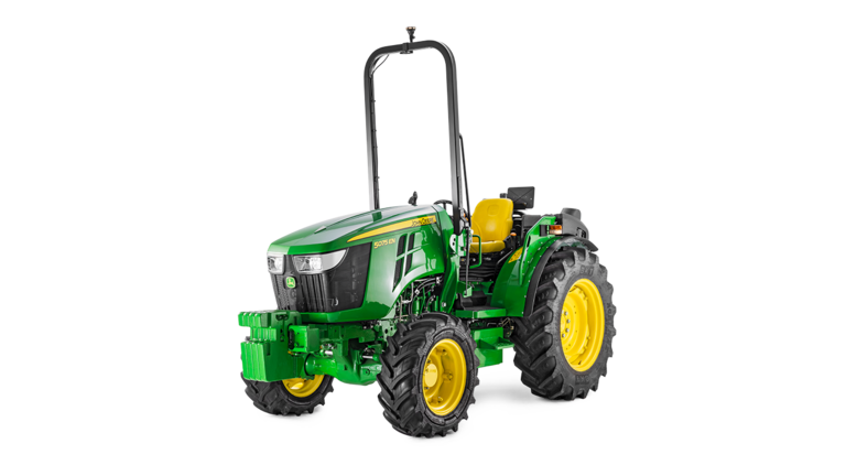 Трактор John Deere 5075EN в зелено и жълто, преден изглед с компактна конструкция и здрави гуми.