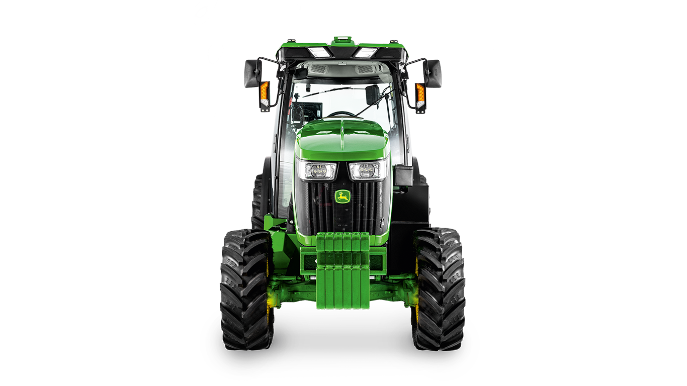 Фронтален изглед на трактор John Deere 5075EN с ясно видими фарове, решетка и блок за тежести.
