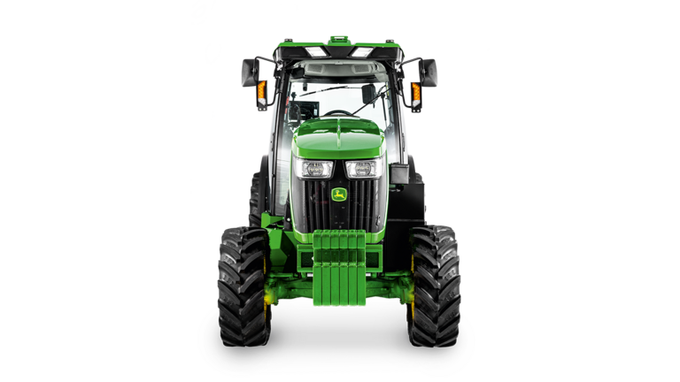 Фронтален изглед на трактор John Deere 5075EN с ясно видими фарове, решетка и блок за тежести.