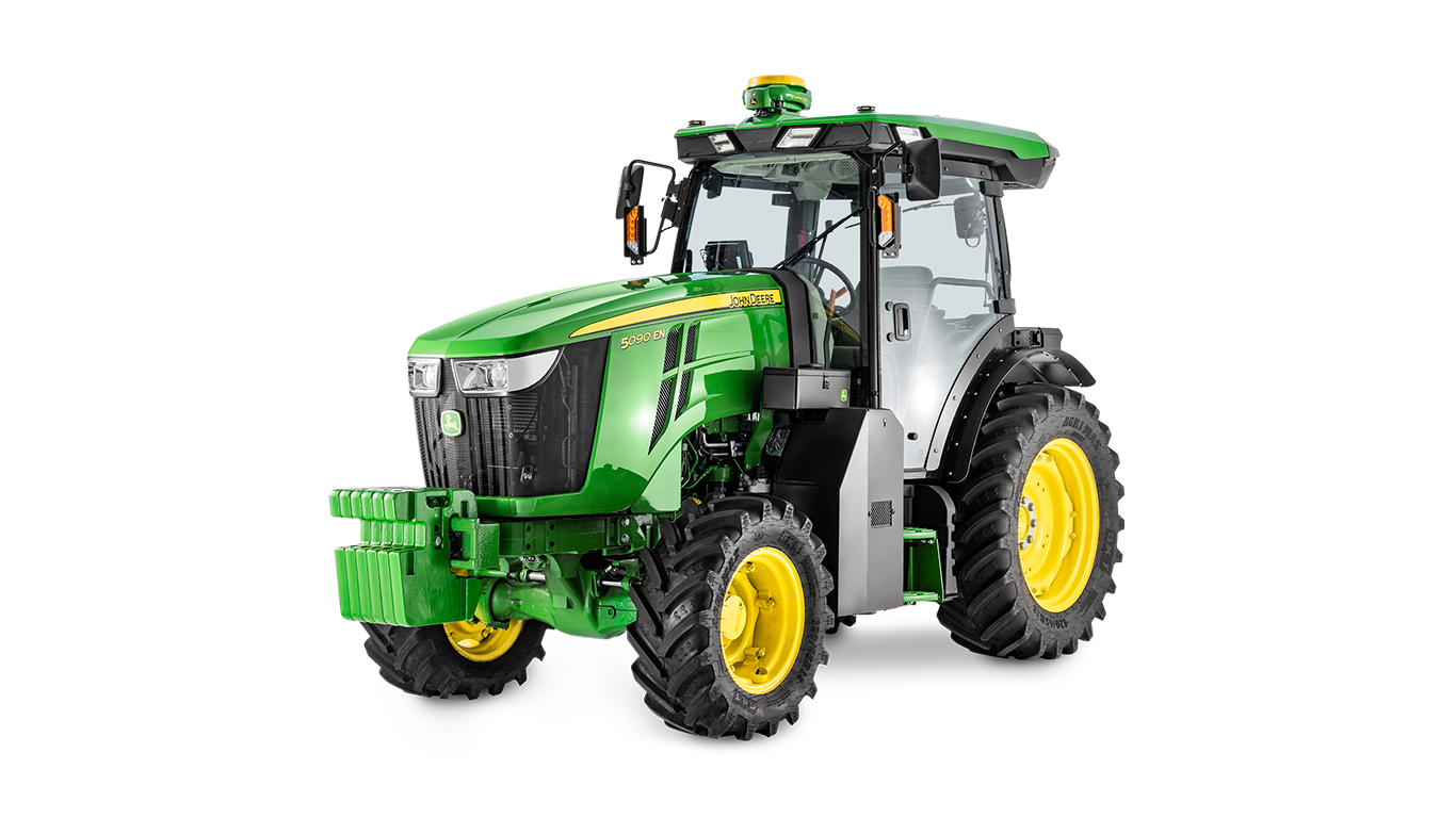 Трактор John Deere 5090EN в зелено и жълто, сниман от предната страна.